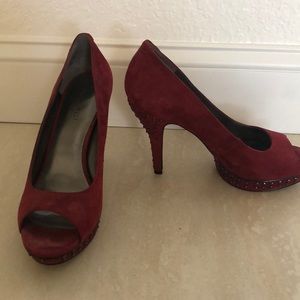 Dark Red Suede Open Toe Platform Heels Size 9